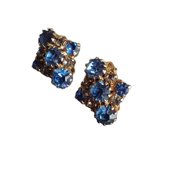 Vintage Gold-Tone Blue Rhinestone Clip-On Earrings 6/8" - Picture 2 of 5